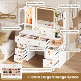 Hasuit White Vanity Desk with Mirror and LED Lights, Large Makeup Vanity Desk with 7 Drawers, Storage Shelves and RGB Glass Cabinet, Dressing Table for Bedroom with Charging Station, Lights Adjustable Hasuit