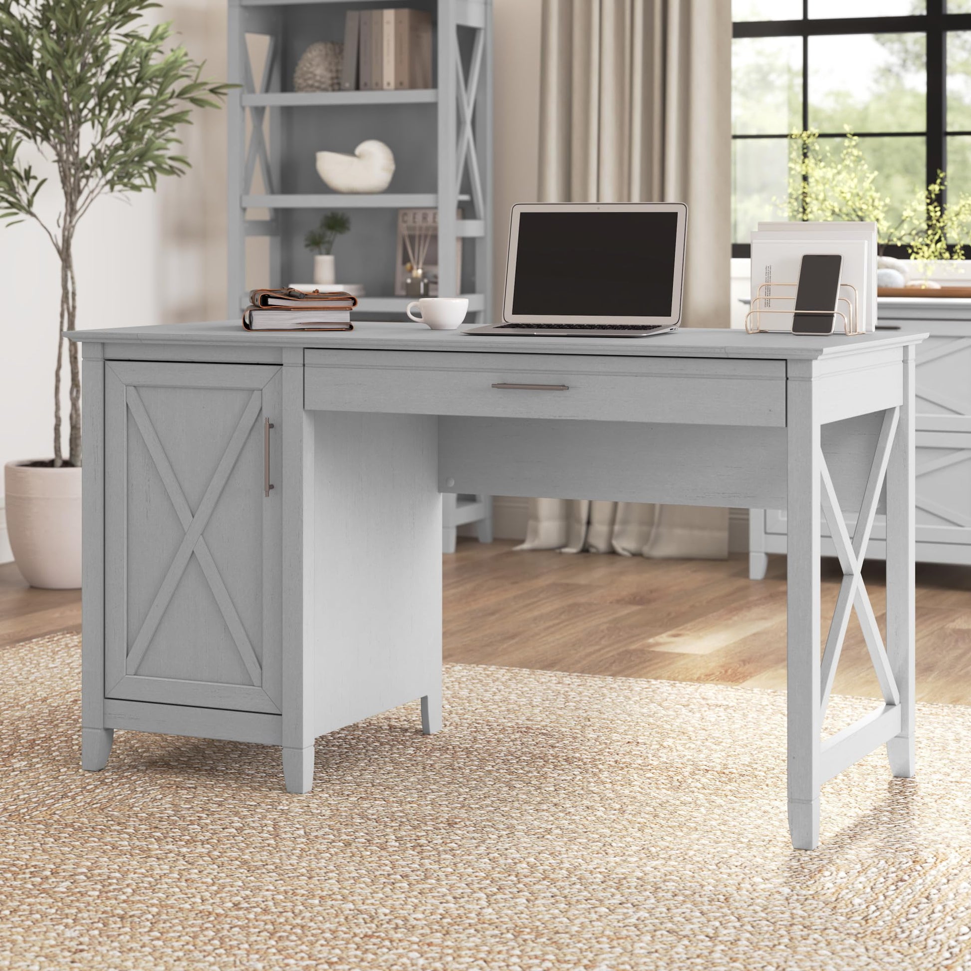 Bush Furniture Key West Computer Desk with Storage | Farmhouse PC Table for Home Office, 54W, Cape Cod Gray - WoodArtSupply