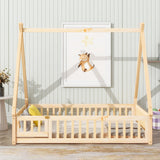 MERITLINE Natural Full Size Montessori Floor Bed with Teepee Design and Fence Rails for Kids MERITLINE