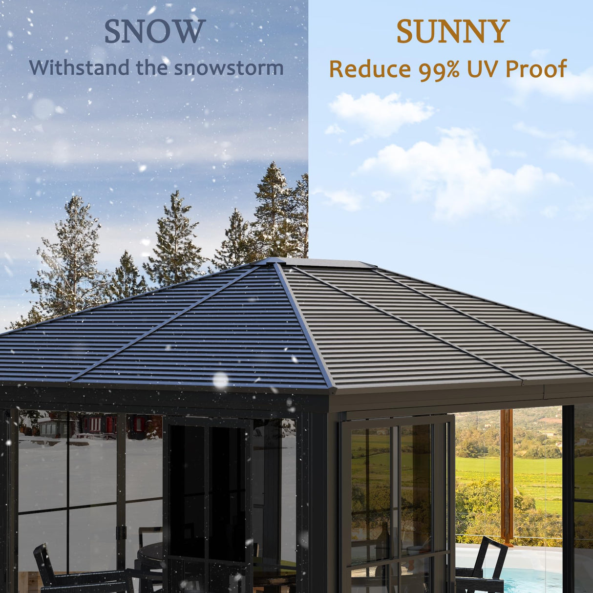 Domi 12x14FT Outdoor Sunroom, Galvanized Steel Hardtop Enclose Gazebo Sloping Roof, All Weather Aluminum Solarium Screen House for Patio Deck Backyard with Lockable Door, Moveable PVC Screen domi outdoor living