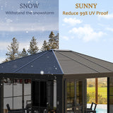 Domi 12x14FT Outdoor Sunroom, Galvanized Steel Hardtop Enclose Gazebo Sloping Roof, All Weather Aluminum Solarium Screen House for Patio Deck Backyard with Lockable Door, Moveable PVC Screen domi outdoor living