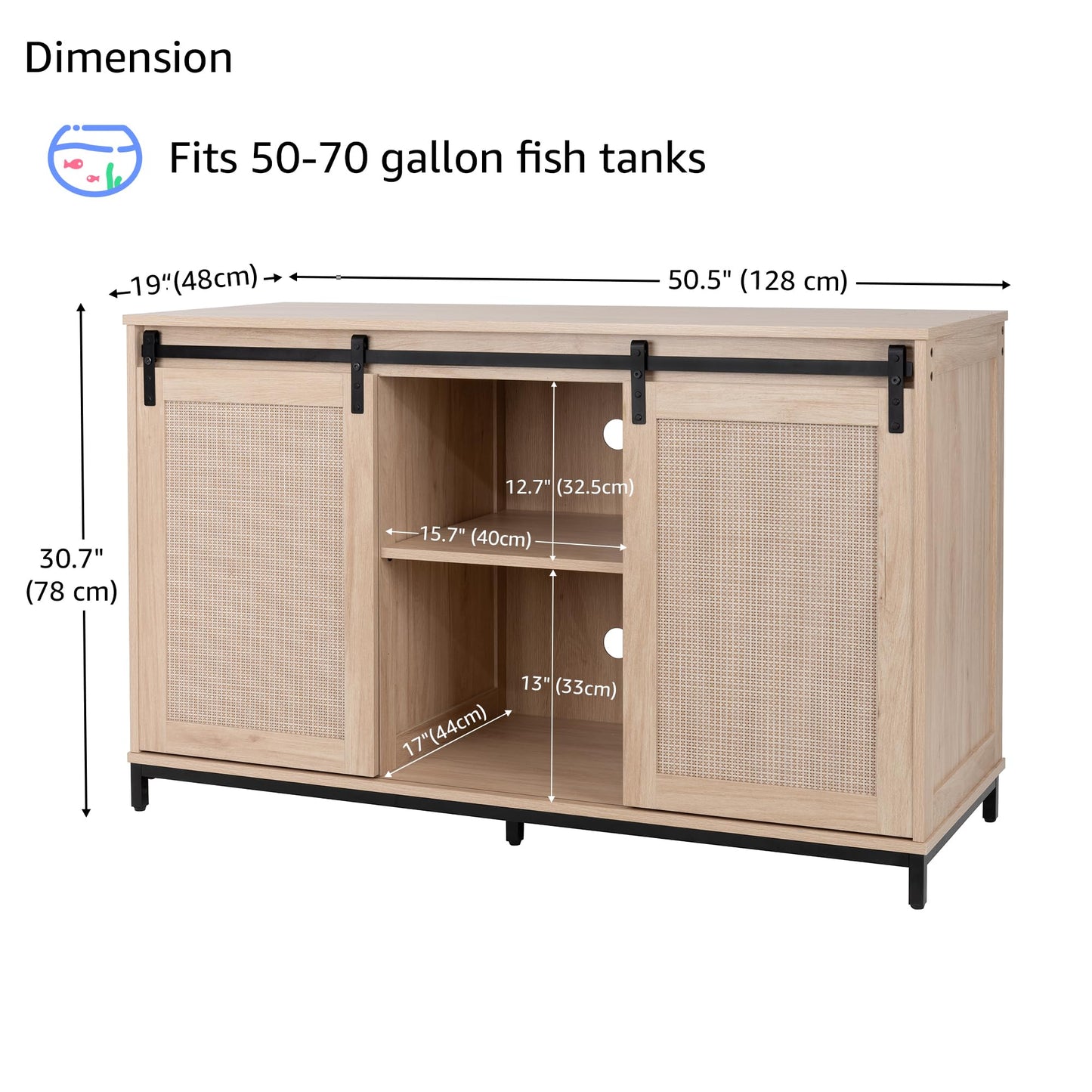 unipaws 50-70 Gallon Fish Tank Stand with Sliding Barn Door, Heavy-Duty Metal Frame Aquarium Stand with Cabinet, Reptile Tank Stand