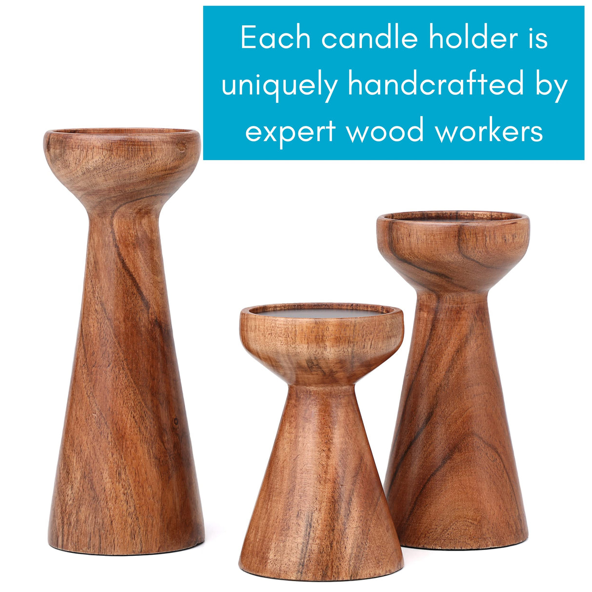 BIRDROCK HOME 3pc Flare Candleholders - Farmhouse Wooden Pillar Stand Set - Large Decorative Wood Candlestick - Table Centerpiece & Mantle Decor - Tall Tiered Candle Holders for Decorations - Natural BIRDROCK HOME