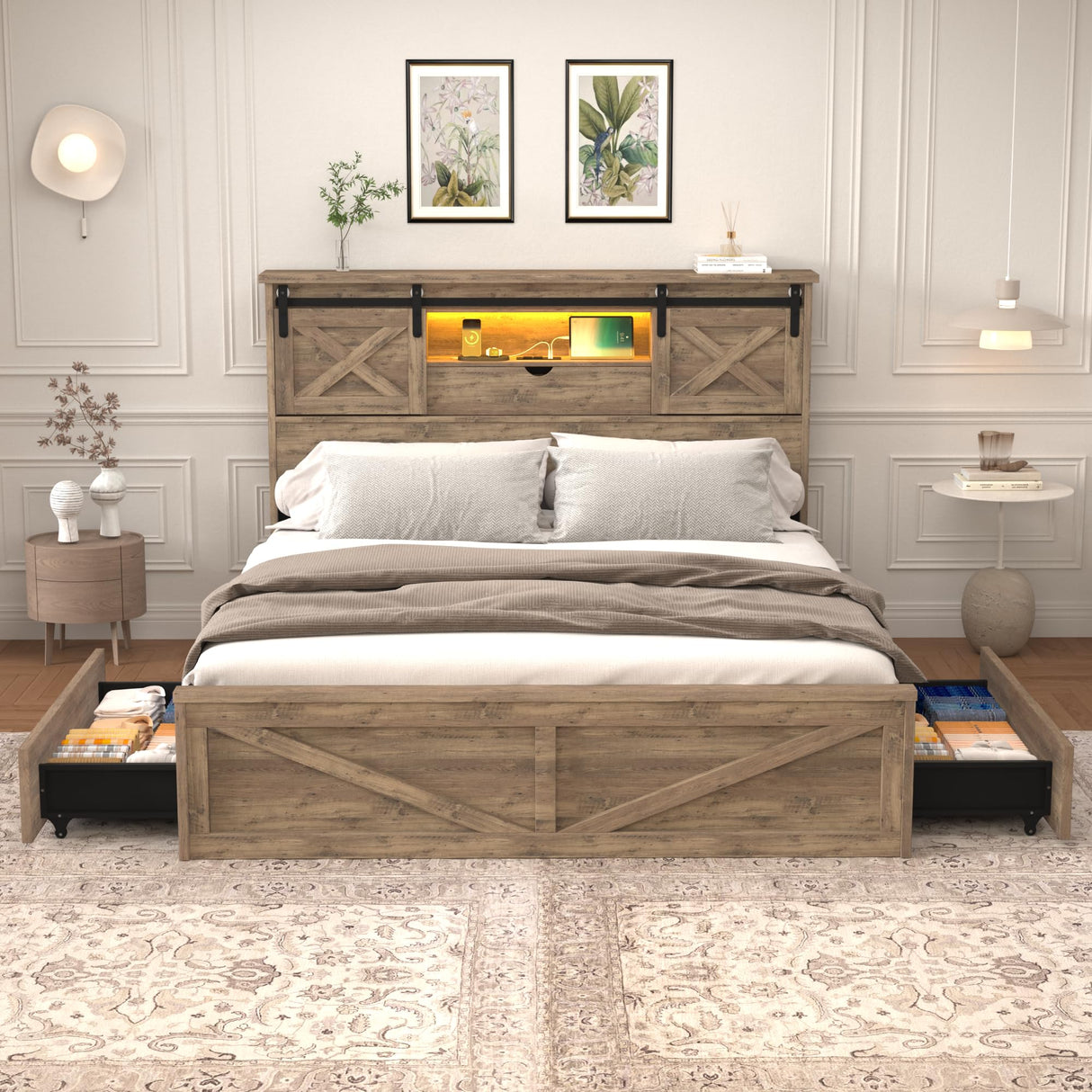 HMYFGD Farmhouse Queen Size Bed Frame with Storage Bookcase Headboard, Wooden Bed with LED Lights, Charging Station, 2 Drawers, Rustic Bed Frame with Sliding Barn Door for Bedroom (Grey Oak, Queen) HMYFGD