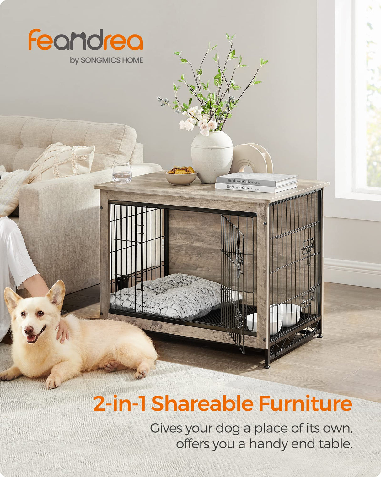 Feandrea Dog Crate Furniture, 32.5" Side End Table, Modern Kennel for Dogs Indoor up to 45 lb, Heavy-Duty Dog Cage with Multi-Purpose Removable Tray, Double-Door Dog House, Greige UPFC002G01 Feandrea