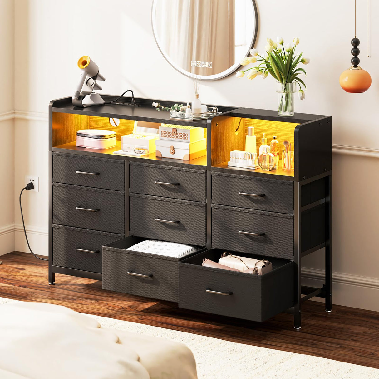 Casaottima Dresser for Bedroom with LED Lights, 9 Drawer Bedroom Dresser with Charging Station, Fabric Dressers & Chest of Drawers with Shelves for Closet, Sturdy Steel Frame Wooden Top, Black Casaottima