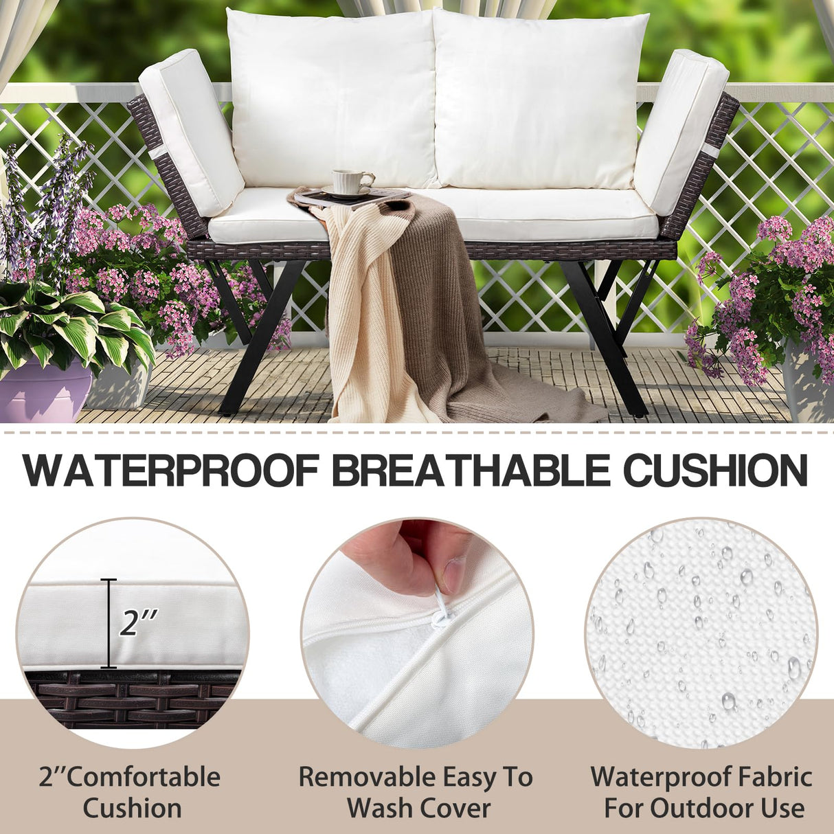 VINGLI Outdoor Loveseat, Woven Rattan Outdoor Sofa with Adjustable Armrests, Patio Loveseat with Removable Cushions and Pillows, Convertible Patio Couch for Yard Pool Balcony VINGLI