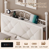 Queen Upholstered Canopy Bed Frame with 2 Drawers & Crystal Tufted Storage Headboard Metal Platform Bed with Charging Station & 4 Removable Posts No Box Spring Needed Curtain Not Included, Beige Keyluv