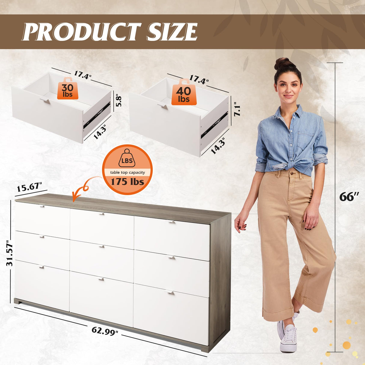 WLIVE 9 Drawer Dresser for Bedroom, 63" Wide Large Wood Chest of Drawers Organize with Sturdy Metal Handle, Modern Dresser for TV Stand, Living Room Office, Hallway, Ball Bearing Slide, Grey Oak WLIVE
