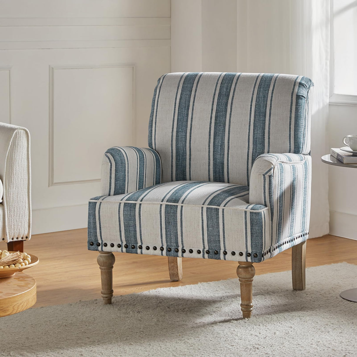 HULALA HOME Modern Armchair with Wooden Legs & Nailhead Trim, Comfy Upholstered Accent Chair for Living Room Bedroom Office(Stripe Pattern, Navy) HULALA HOME