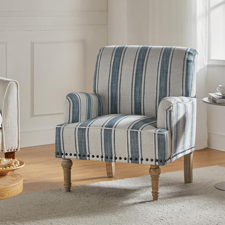 HULALA HOME Modern Armchair with Wooden Legs & Nailhead Trim, Comfy Upholstered Accent Chair for Living Room Bedroom Office(Stripe Pattern, Navy) HULALA HOME