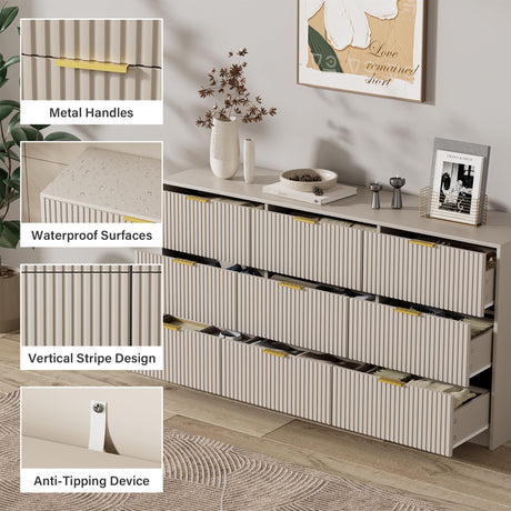 Furniway Beige Dresser for Bedroom, Modern Dresser with 9 Drawers and Smooth Slides, Wide Chest of Drawers with Golden Handles for Bedroom, Living Room, Closet, 15.7" D x 63" W x 31.5" H Furniway