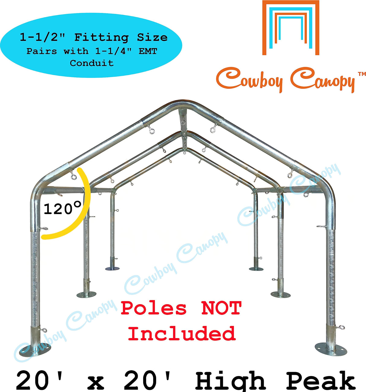 Carport Kit, 20' x 20' High Peak Canopy Fittings, DIY Metal Carport Frame Parts, 1-1/2" EMT Fittings Cowboy Canopy
