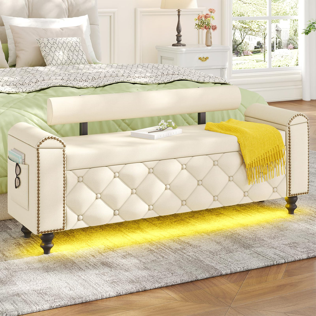 51" Ottoman with Storage, Storage Ottoman Bench with Upholstered Backrest, Tufted Entryway Bench with Curved Arm Support, End of Bed Bench with LED Lights, Storage Bench for Bedroom,Living Room,Beige Tagafi