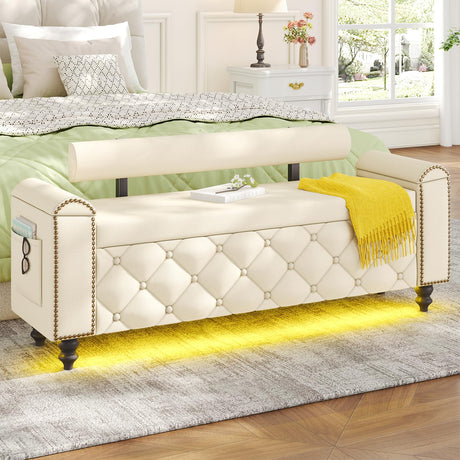 51" Ottoman with Storage, Storage Ottoman Bench with Upholstered Backrest, Tufted Entryway Bench with Curved Arm Support, End of Bed Bench with LED Lights, Storage Bench for Bedroom,Living Room,Beige Tagafi