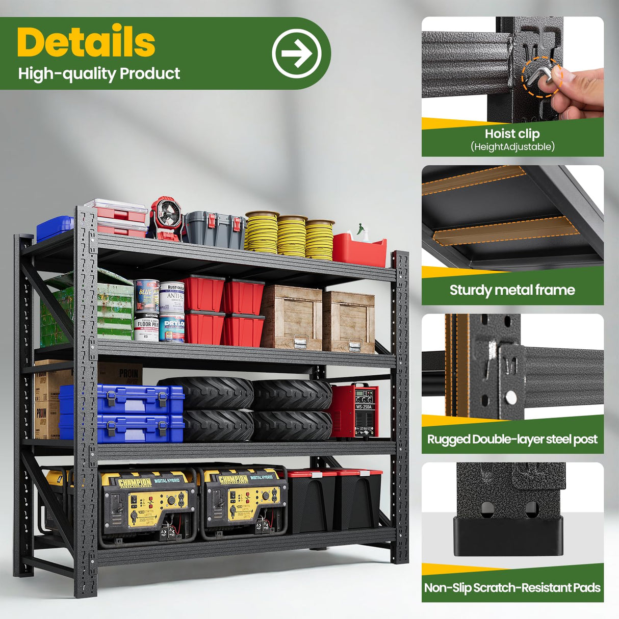 STANI 70" H 3000LBS Capacity Heavy Duty 4-Tier Adjustable Shelves Metal Garage Shelving Industrial Shelves Heavy Tools Utility Rack Shelf for Basement/Garage/Warehouse/Shop Black 48" Wx24 Dx69 H STANI