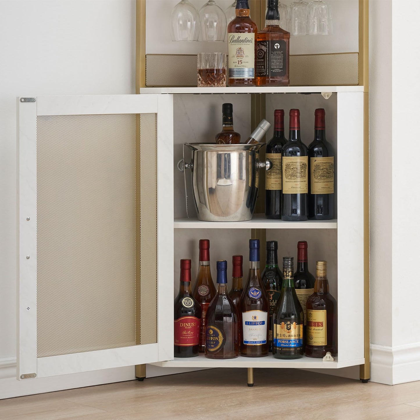 GAOMON Corner Wine Bar Cabinet with Large Storage Space and Removable Wine Rack, Coffee Bar Cabinet with Glass Holder and Mesh Door, 4-Tier Liquor Cabinet Bar, Gold