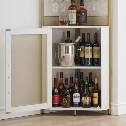 GAOMON Corner Wine Bar Cabinet with Large Storage Space and Removable Wine Rack, Coffee Bar Cabinet with Glass Holder and Mesh Door, 4-Tier Liquor Cabinet Bar, Gold