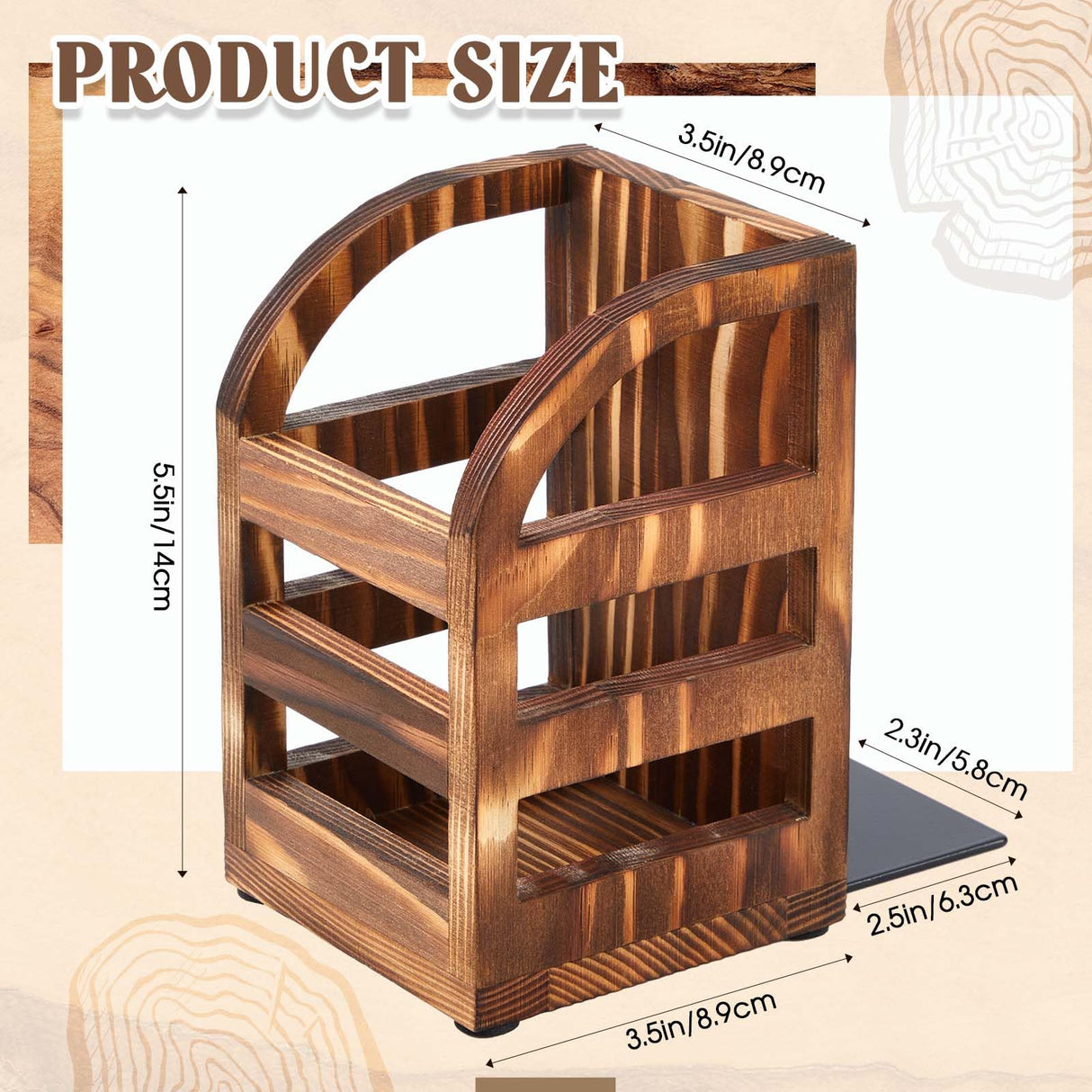 1 Pair 2 in 1 Rustic Burnt Wooden Bookend with Coated Metal Desk Supply Holds Non Skid Desktop Book Ends Pen Holder Pencil Cup Stationery Storage Bins Book Stopper for Home Office Dorm Room Memorywuu