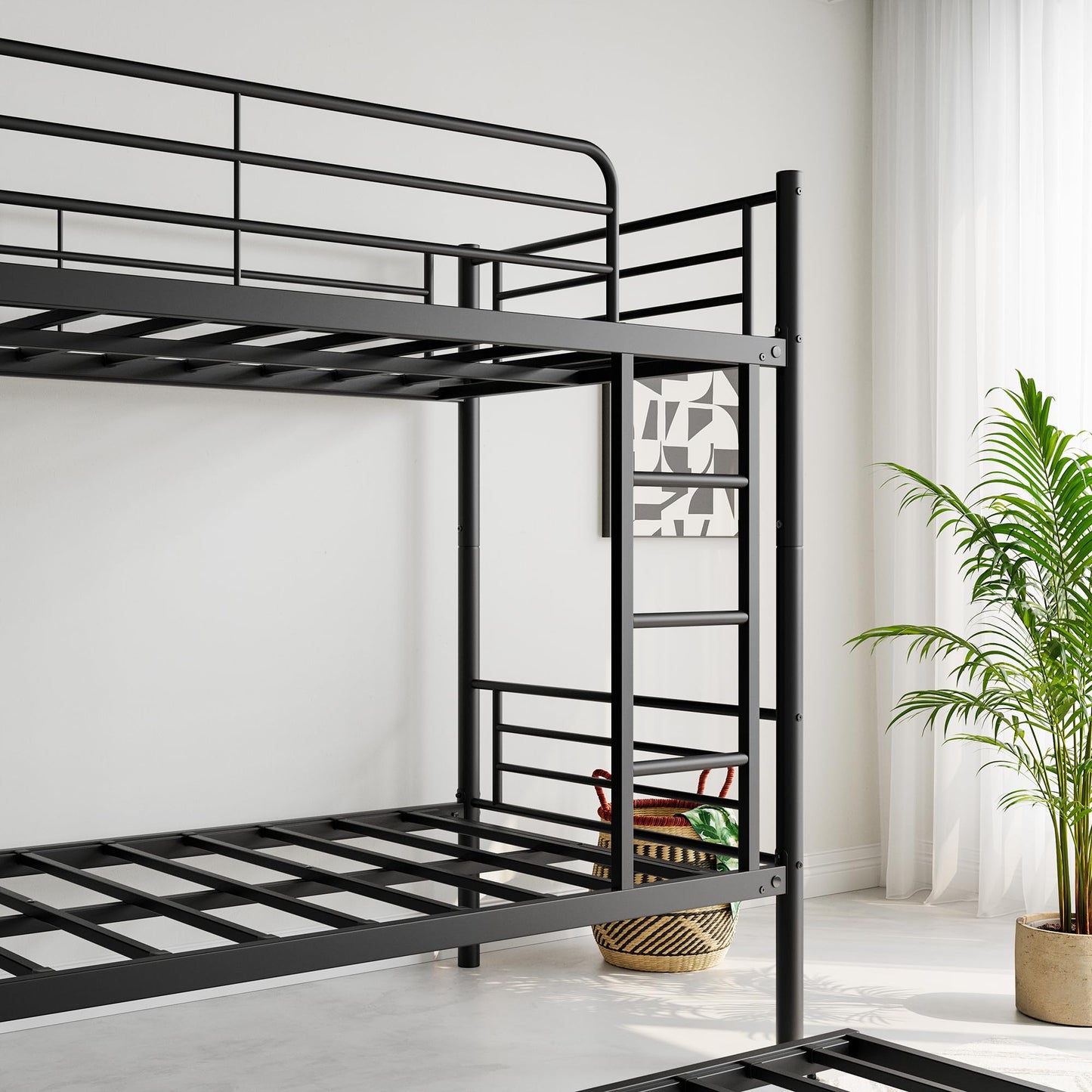 Yafornis Twin Bunk Bed with Trundle, Heavy Duty Metal Bunk Beds with Ladder and Full-Length Guardrail, Noise Free, No Box Spring Needed, Black