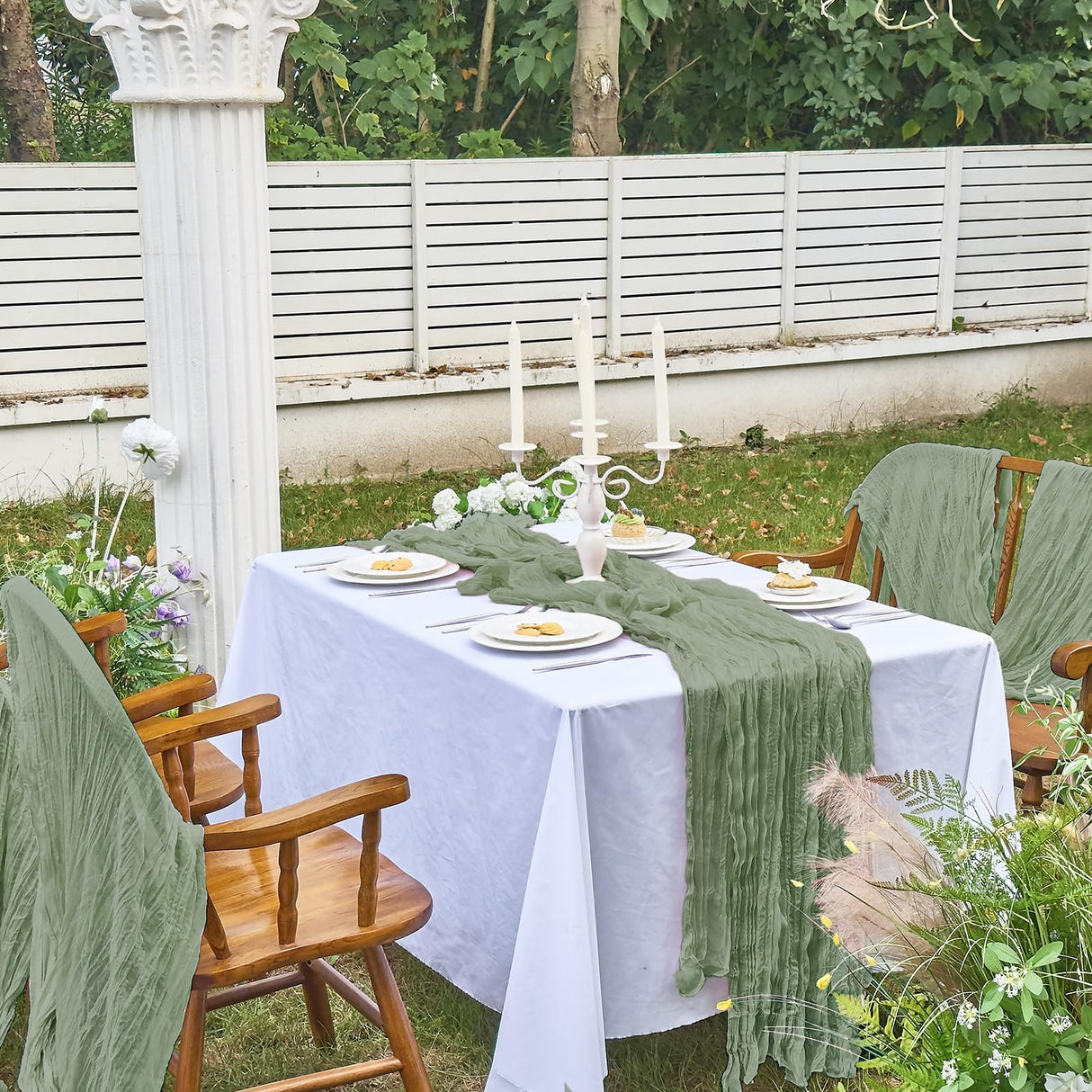 IVAPUPU 2 Pcs Cheesecloth Christmas Table Runner - 10ft Sage Green Boho Gauze Cheese Cloth Table Runners for Baby Shower Decoration Wedding Party Summer Garden Farmhouse IVAPUPU
