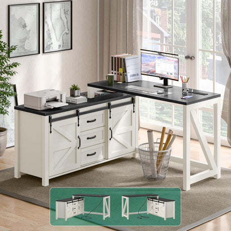 Executive L Shaped Office Desk with Drawers, Farmhouse Corner Desk for Home Office with Storage Cabinet, Computer Desk with Charging Station, Reversible Study Writing Table Workstation, White Vabches