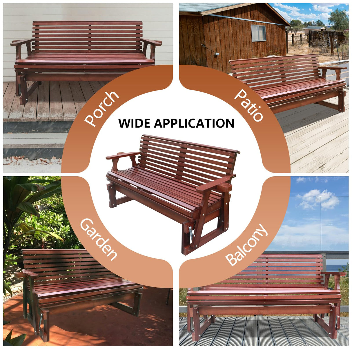 Beneouya 5FT Heavy Duty 800 LBS Outdoor Porch Glider Bench with Cupholders – Comfortable 2-Seater in Dark Brown Beneouya