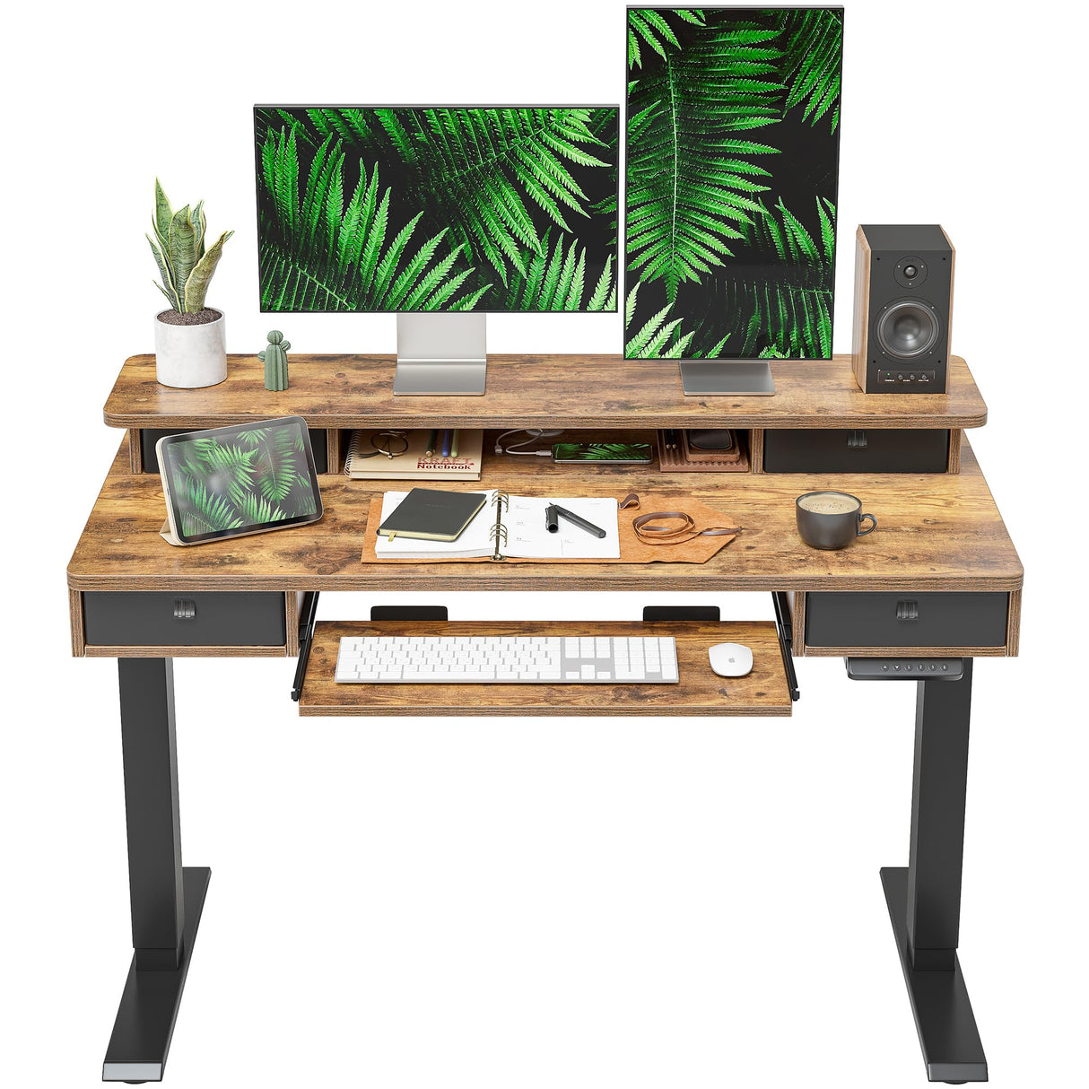 FEZIBO Height Adjustable Electric Standing Desk with 4 Drawers and Keyboard Tray, 48 x 24 Inch Table with Storage Shelf, Sit Stand Desk with Splice Board, Rustic Brown FEZIBO