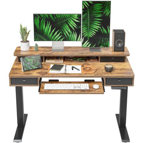 FEZIBO Height Adjustable Electric Standing Desk with 4 Drawers and Keyboard Tray, 48 x 24 Inch Table with Storage Shelf, Sit Stand Desk with Splice Board, Rustic Brown FEZIBO