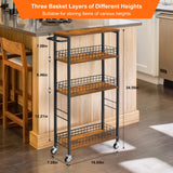 YBING Slim Storage Cart 4 Tier Kitchen Rolling Cart on Wheels Mobile Narrow Cart with Wooden Tabletop Slide Out Utility Cart for Bathroom Laundry Narrow Places Rustic Brown 16.5''L X 7.3''W X 34.6''H YBING