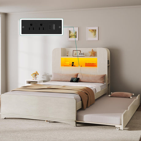 YITAHOME Bed with Trundle, Twin Size Bed Frame with Bookcase Daybed Storage Headboard and Charging Station, RGB LED Lights Bed with Wooden Support for Bedroom, No Box Spring Needed, Noise Free, White YITAHOME
