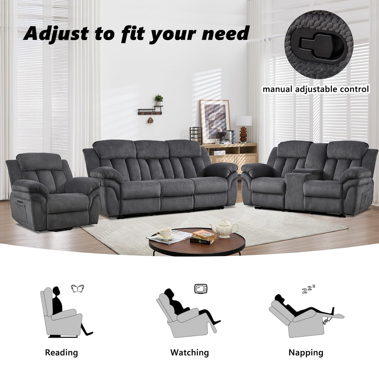 CANMOV Recliner Sofa Set, Oversize Power Lift Recliner Chair, Manual Loveseat and 3-Seat Sofa with Overstuffed Armrest for Living Room,Bedroom Furniture,Office,1+2+3 Seat Grey CANMOV