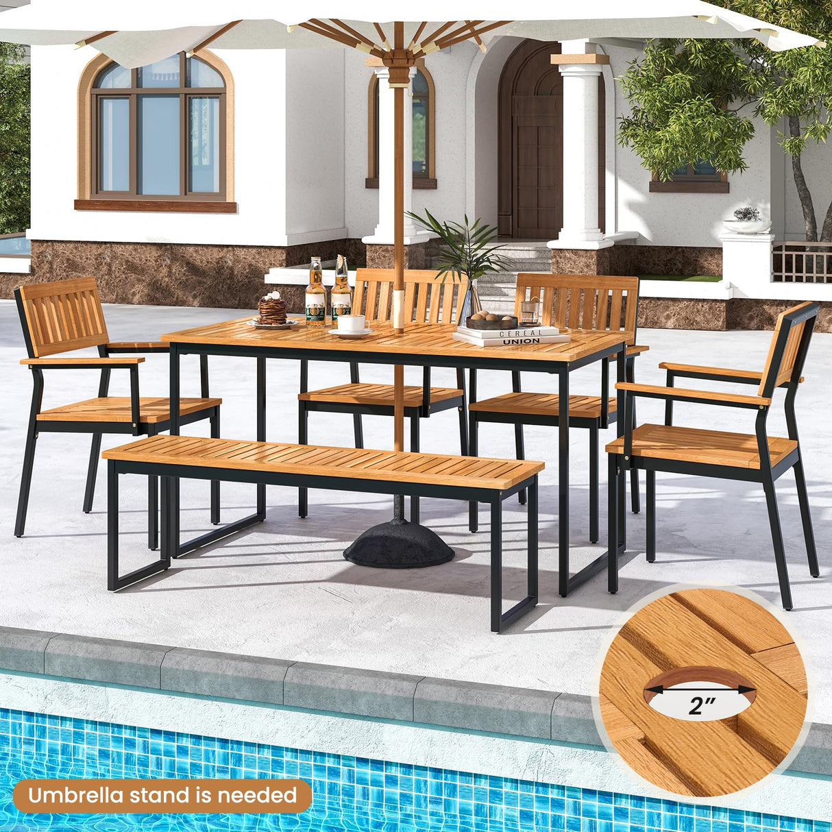 Tangkula 6 Pieces Outdoor Acacia Wood Dining Set, Patio Table and Chairs Set with Bench for 6-7 People, Outdoor Dining Furniture Set with 2" Umbrella Hole for Garden, Backyard and Poolside Tangkula