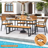 Tangkula 6 Pieces Outdoor Acacia Wood Dining Set, Patio Table and Chairs Set with Bench for 6-7 People, Outdoor Dining Furniture Set with 2" Umbrella Hole for Garden, Backyard and Poolside Tangkula