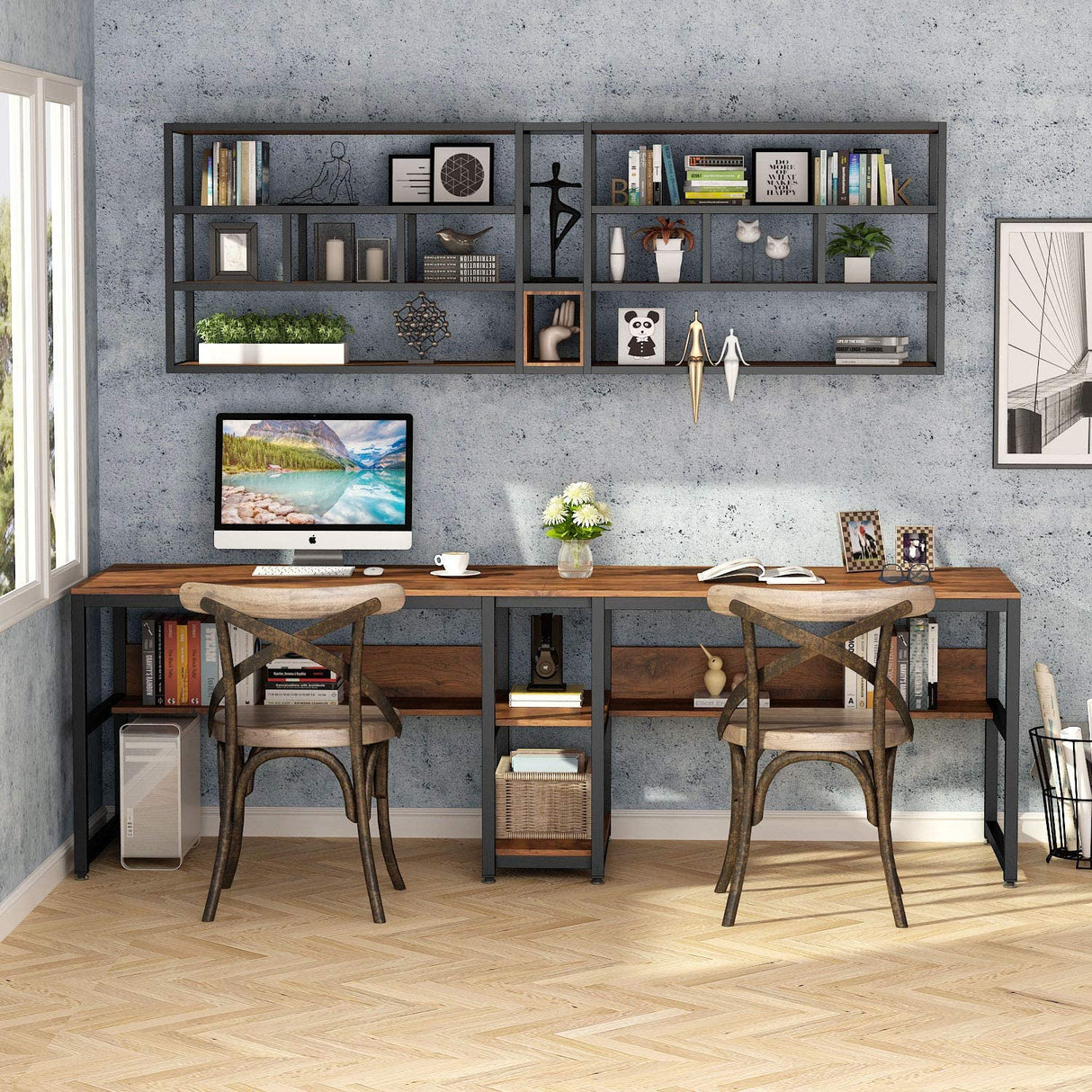 Tribesigns Rustic Brown Two-Person Double Desk with Bookshelf for Home Office Tribesigns