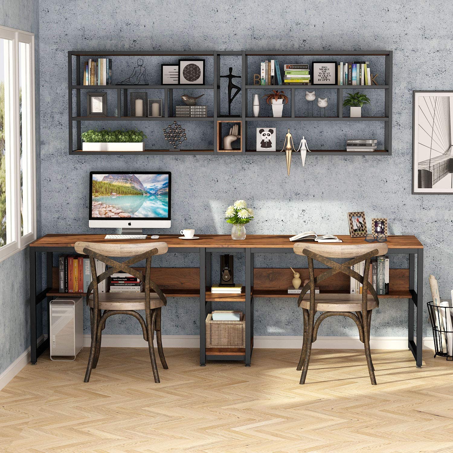 Tribesigns Rustic Brown Two-Person Double Desk with Bookshelf for Home Office - WoodArtSupply