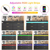 knoworld 8 Drawer Dressers for Bedroom, Black Dresser with LED Lights and Power Outlet, Wood LED Dresser, Double Wide Modern Chest of Drawers for Bedroom, Entryway, Hallway knoworld