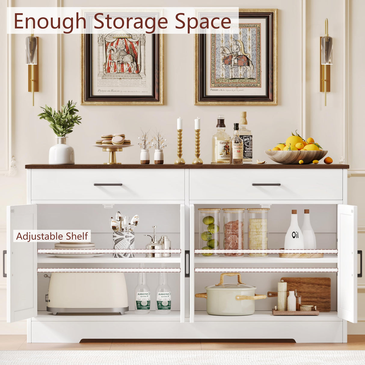 Rovaurx Farmhouse Sideboard Buffet Cabinet with Storage, Kitchen Storage Cabinet with 2 Drawers & 4 Barn Doors, Wooden Coffee Bar Cabinet Console Table for Kitchen, Dining Room, White KBG003W Rovaurx