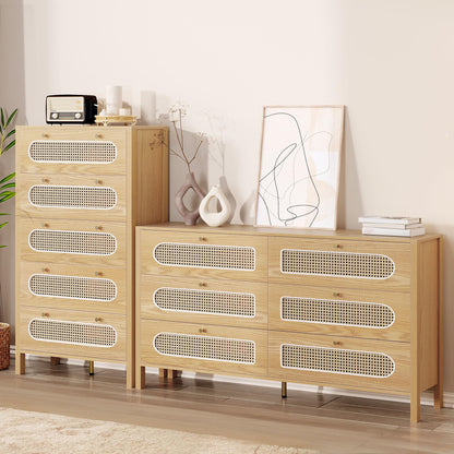 DWVO Natural Rattan 6 Drawer Dressers - Oak Wooden Dresser Chest of Drawers with Golden Handles - Modern Large Closet Boho Dressers Storage Cabinet for Living Room/Hallway/Entryway - WoodArtSupply