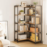 Casaottima Corner Bookshelf 5 Tier, 57 Inches Reversible Book Shelf for Living Room, Industrial Wooden Bookcase with Open Shelves and Metal Frame for Bedroom, Home Office, Kitchen, Rustic Brown Casaottima