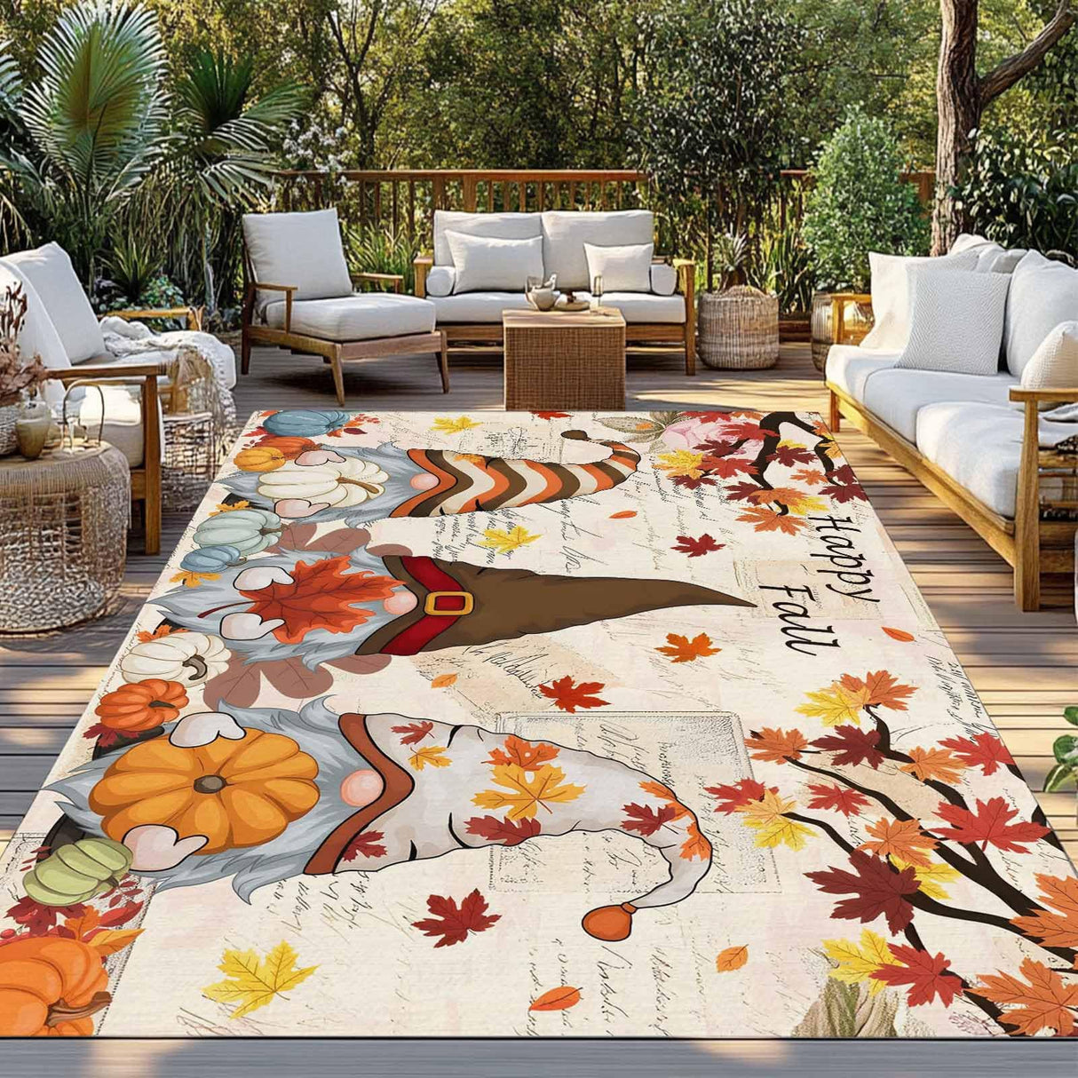 Thanksgiving Gnome Outdoor Rug 6x9ft Dwarf Fall Maple Leaves Pumpkin Retro Letter Waterproof Patio Rugs Lightweight Foldable Outside Large Area Rug Carpet for Porch Deck Balcony Backyard Camper Lkicikik