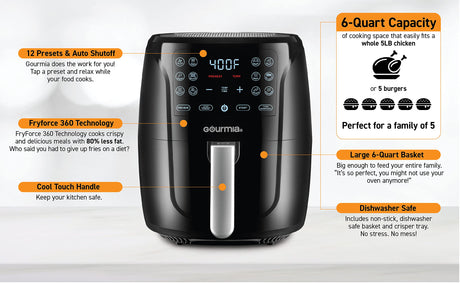 Gourmia Air Fryer Oven Digital Display 6 Quart Large AirFryer Cooker 12 1-Touch Cooking Presets, XL Air Fryer Basket 1500w Power Multifunction Black and Stainless Steel Accents FRY FORCE GAF686 Gourmia