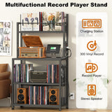 EasyCom Record Player Stand with Vinyl Storage, Turntable Stand Holds Up to 300 Albums, Large Record Player Table with Charge Station, Vinyl Record Stand for Living Room Bedroom, Black EasyCom