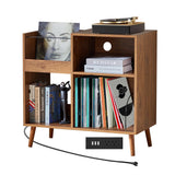 affeivul Mid-Century Vinyl Storage Cabinet Table with Solid Wood Legs, Turntable Stand with Power Outlet Holds up to 200 Albums, Record Player Holder Display Shelf, End Table for Bedroom Living Room affeivul