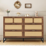 IQCNGVX 6 Drawer Dresser, Modern Rattan Dresser Chest with Wide Drawers and Metal Handles, Accent Dresser Drawer Organizer, Farmhouse Wood Storage Chest of Drawers for Bedroom, Living Room, Entryway IQCNGVX