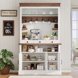 Coffee Bar Cabinet with LED Light, 72" Tall Farmhouse Coffee Bar Hutch with Storage, Sideboard Buffet Cabinet with Microwave Stand/Glass Shelf/6 Hooks/3 Drawers for Kitchen Living Dining Room, White GarveeHome
