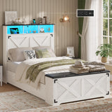 Hasuit Farmhouse Bed Frame Twin Size with Storage Headboard, Charging Station and LED Light, Wooden Twin Bed Frame with Storage Ottoman, Barn Door Design, No Box Spring Needed, No Noise (Walnut White) Hasuit