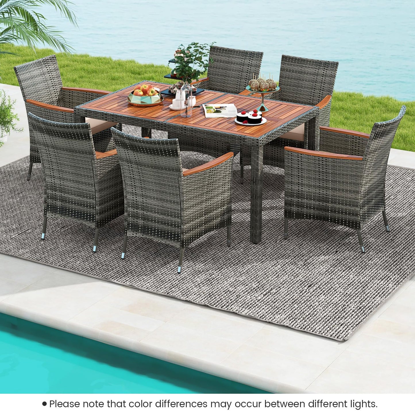 Tangkula 7 Pieces Outdoor Wicker Dining Set, Patio Dining Furniture Set with Acacia Wood Table and 6 Armchairs, Outdoor Table and Chairs Set with 1.96” Umbrella Hole and Cushions