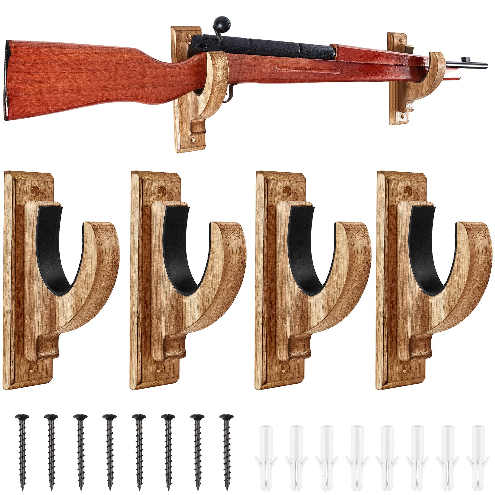 4 Pack Gun Rack for Wall Rifle Shotgun Bow Wood Rifle Stand Rustic Indoor Gun Hooks Horizontal Rifle Holder Solid Wooden Rifle Wall Mount Display - WoodArtSupply