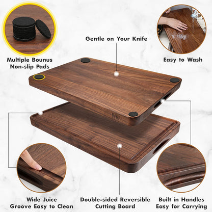 AZRHOM Large Walnut Wood Cutting Board for Kitchen 17x11 (Gift Box) with Juice Groove Handles Non-slip Mats Thick Reversible Butcher Block Chopping - WoodArtSupply